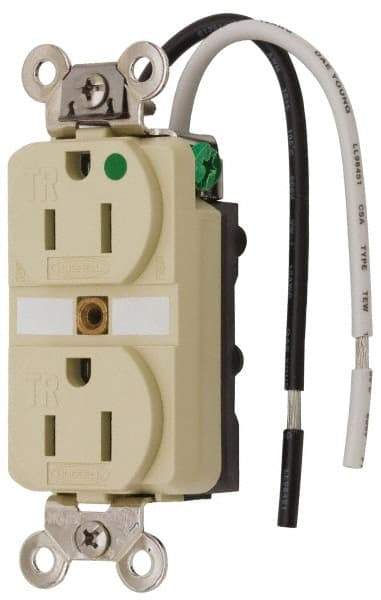 Hubbell Wiring Device-Kellems - 125 VAC, 15 Amp, 5-15R NEMA Configuration, Ivory, Hospital Grade, Self Grounding Duplex Receptacle - 1 Phase, 2 Poles, 3 Wire, Flush Mount, Chemical, Corrosion and Impact Resistant, Tamper Resistant - Best Tool & Supply