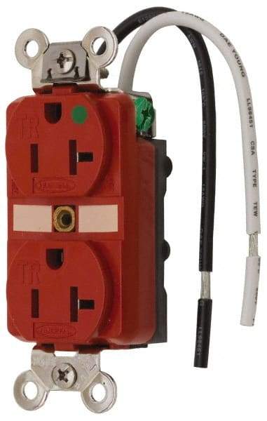 Hubbell Wiring Device-Kellems - 125 VAC, 20 Amp, 5-20R NEMA Configuration, Red, Hospital Grade, Self Grounding Duplex Receptacle - 1 Phase, 2 Poles, 3 Wire, Flush Mount, Chemical, Corrosion and Impact Resistant, Tamper Resistant - Best Tool & Supply