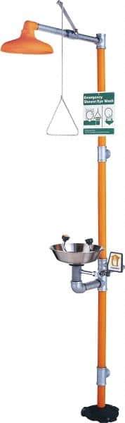 PRO-SAFE - 1-1/4" Inlet, 20 GPM shower Flow, Drench shower & Eyewash Station - Bowl, Triangular Pull Rod & Push Flag Activated, Galvanized Steel Pipe, Plastic Shower Head, 0.4 GPM Bowl Flow, Corrosion Resistant, Top or Mid Supply - Best Tool & Supply