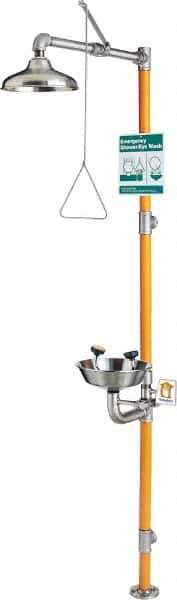 PRO-SAFE - 1-1/4" Inlet, 20 GPM shower Flow, Drench shower, Eye & Face Wash Station - Bowl, Triangular Pull Rod & Push Flag Activated, Stainless Steel Pipe, Stainless Steel Shower Head, 3 GPM Bowl Flow, Corrosion Resistant, Top or Mid Supply - Best Tool & Supply