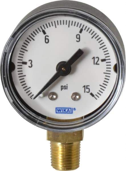 Wika - 1-1/2" Dial, 1/8 Thread, 0-15 Scale Range, Pressure Gauge - Lower Connection Mount, Accurate to 3-2-3% of Scale - Best Tool & Supply