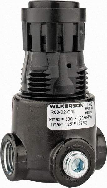 Wilkerson - 1/4 NPT Port, 15 CFM, Zinc Miniature Regulator - 2 to 125 psi Range, 300 Max psi Supply Pressure, 1/8" Gauge Port Thread, 1.65" Wide x 2.88" High - Best Tool & Supply