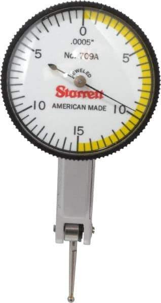 Starrett - 0.03 Inch Range, 0.0005 Inch Dial Graduation, Horizontal Dial Test Indicator - 1-3/8 Inch White Dial, 0-15-0 Dial Reading - Best Tool & Supply