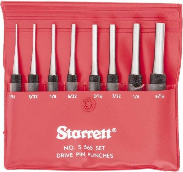 Starrett - 8 Piece, 1/16 to 5/16", Pin Punch Set - Round Shank, Comes in Vinyl Pouch - Best Tool & Supply