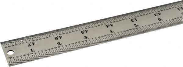 Starrett - 48" Long, 1/64, 1/32, 1/16, 1/8" Graduation, Rigid Spring Steel Rule - 4R Graduation Style, 1-1/4" Wide, Silver, Satin Chrome Finish - Best Tool & Supply