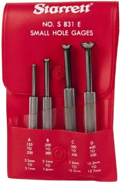 Starrett - 1/8 to 1/2 Inch Measurement, Small Hole Gage Set - 2-13/16, 3-1/8, 3-3/8 and 3-1/2 Inch Long, Half Ball, Includes Case - Best Tool & Supply