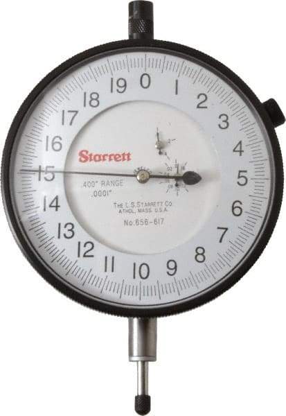 Starrett - 0.4" Range, 0-20 Dial Reading, 0.0001" Graduation Dial Drop Indicator - 3-5/8" Dial, 0.02" Range per Revolution - Best Tool & Supply