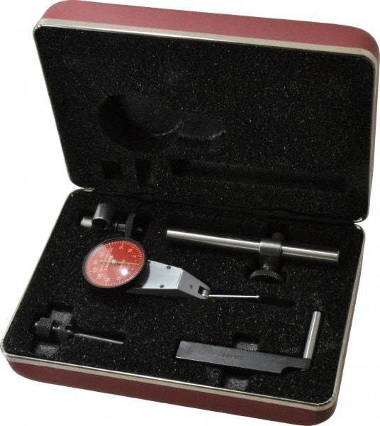 Starrett - 7 Piece, 0" to 0.06" Measuring Range, 1-3/8" Dial Diam, 0-30-0 Dial Reading, Red Dial Test Indicator Kit - 1-5/16" Contact Point Length, 2mm Ball Diam, 0.001" Dial Graduation - Best Tool & Supply