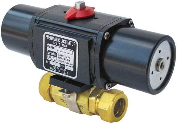 Gemini Valve - 3/4" Pipe, 1,000 psi WOG Rating Brass Pneumatic Spring Return with Solenoid Actuated Ball Valve - Reinforced PTFE Seal, Standard Port, TYLOK (Compression) End Connection - Best Tool & Supply