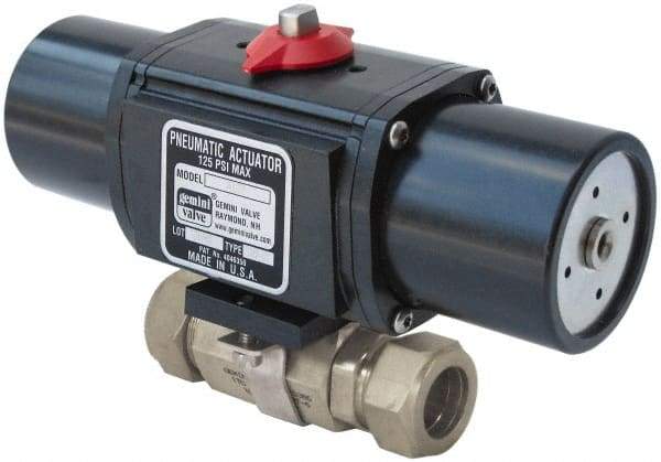 Gemini Valve - 1/4" Pipe, 1,000 psi WOG Rating Stainless Steel Pneumatic Spring Return with Solenoid Actuated Ball Valve - Reinforced PTFE Seal, Full Port - Best Tool & Supply