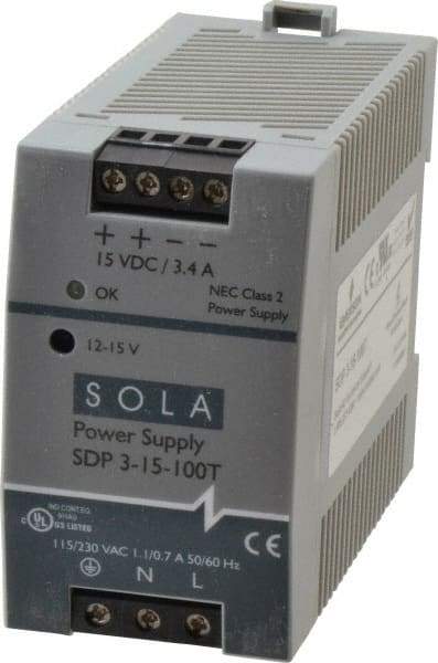 Sola/Hevi-Duty - 100 Watt, 4.2 to 3.4 Amp, 264 VAC, 375 VDC Input, 12 to 15 VDC Output, DIN Rail Power Supply - Screw Terminal Connection, 1 Output, 1.77 Inch Wide x 3.58 Inch Deep x 2.95 Inch High, Up to 86% Efficiency, 14 to 140°F, Green LED Display - Best Tool & Supply