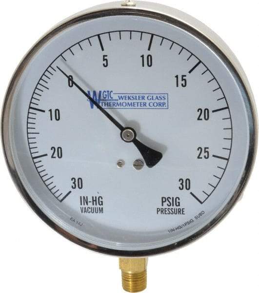 WGTC - 4-1/2" Dial, 1/4 Thread, 30-0-30 Scale Range, Pressure Gauge - Lower Connection Mount, Accurate to 1% of Scale - Best Tool & Supply