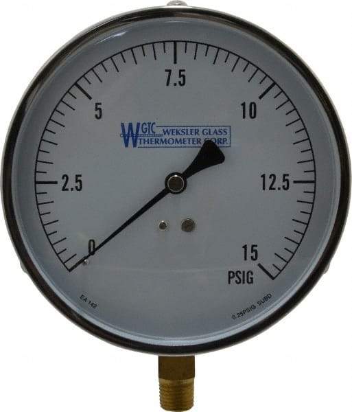 WGTC - 4-1/2" Dial, 1/4 Thread, 0-15 Scale Range, Pressure Gauge - Lower Connection Mount, Accurate to 1% of Scale - Best Tool & Supply