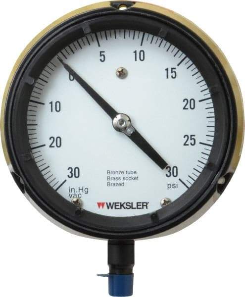 Made in USA - 4-1/2" Dial, 1/4 Thread, 30-0-30 Scale Range, Pressure Gauge - Lower Connection Mount, Accurate to 1% of Scale - Best Tool & Supply