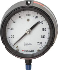 Made in USA - 4-1/2" Dial, 1/4 Thread, 0-200 Scale Range, Pressure Gauge - Lower Connection Mount, Accurate to 1% of Scale - Best Tool & Supply