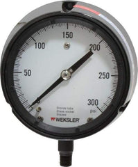 Made in USA - 4-1/2" Dial, 1/4 Thread, 0-300 Scale Range, Pressure Gauge - Lower Connection Mount, Accurate to 1% of Scale - Best Tool & Supply