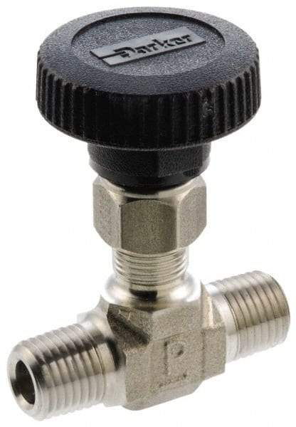 Parker - 5,000 Max psi, 3/8" Pipe, 316 Grade Stainless Steel, Inline Instrumentation Needle Valve - MNPT x MNPT End Connections - Best Tool & Supply