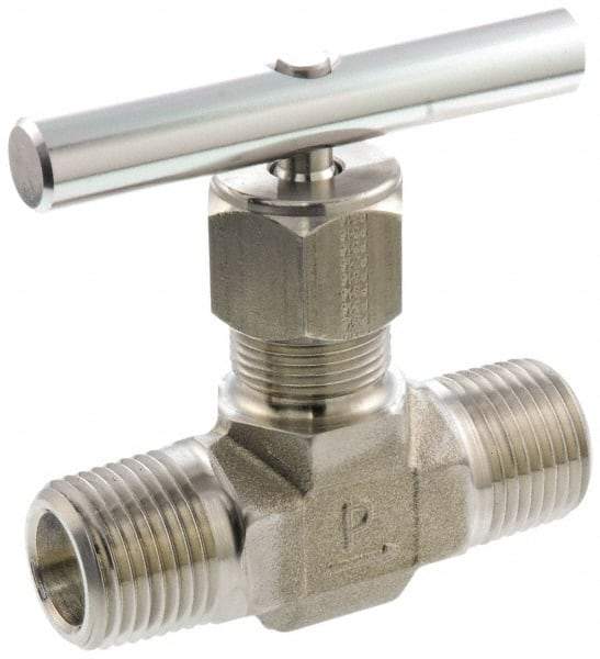 Parker - 5,000 Max psi, 1/2" Pipe, 316 Grade Stainless Steel, Inline Instrumentation Needle Valve - MNPT x MNPT End Connections - Best Tool & Supply