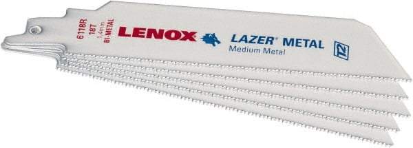 Lenox - 6" Long x 1" Thick, Bi-Metal Reciprocating Saw Blade - Straight Profile, 18 TPI, Toothed Edge - Best Tool & Supply