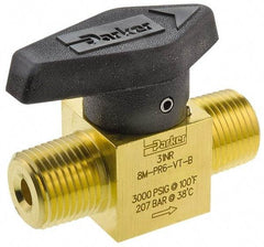 Parker - 1/2" Pipe, 3,000 psi WOG Rating, Brass, Inline, One Way Instrumentation Plug Valve - Wedge Handle, MNPT x MNPT End Connections, Viton Seal - Best Tool & Supply