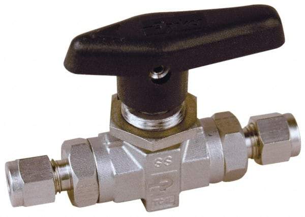 Parker - 1/2" Pipe, Stainless Steel, Inline, Two Way Flow, Instrumentation Ball Valve - 6,000 psi WOG Rating, Wedge Handle, PTFE Seal, PTFE Seat - Best Tool & Supply