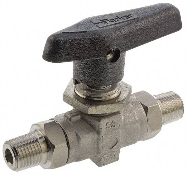 Parker - 1/8" Pipe, MNPT x MNPT End Connections, Stainless Steel, Inline, Two Way Flow, Instrumentation Ball Valve - 6,000 psi WOG Rating, Wedge Handle, PTFE Seal, PTFE Seat - Best Tool & Supply