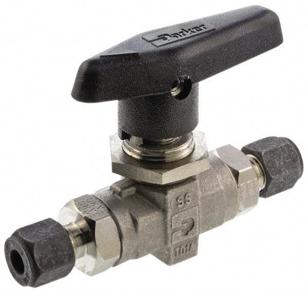 Parker - 1/4" Pipe, Compression x Compression CPI End Connections, Stainless Steel, Inline, Two Way Flow, Instrumentation Ball Valve - 6,000 psi WOG Rating, Wedge Handle, PTFE Seal, PTFE Seat - Best Tool & Supply