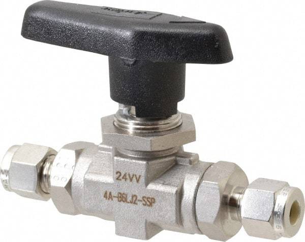 Parker - 1/4" Pipe, Stainless Steel, Inline, Two Way Flow, Instrumentation Ball Valve - 6,000 psi WOG Rating, Wedge Handle, PTFE Seal, PTFE Seat - Best Tool & Supply