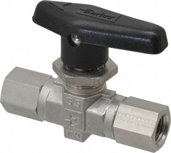 Parker - 1/4" Pipe, FNPT x FNPT End Connections, Stainless Steel, Inline, Two Way Flow, Instrumentation Ball Valve - 6,000 psi WOG Rating, Wedge Handle, PTFE Seal, PTFE Seat - Best Tool & Supply