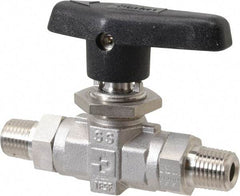 Parker - 1/4" Pipe, MNPT x MNPT End Connections, Stainless Steel, Inline, Two Way Flow, Instrumentation Ball Valve - 6,000 psi WOG Rating, Wedge Handle, PTFE Seal, PTFE Seat - Best Tool & Supply