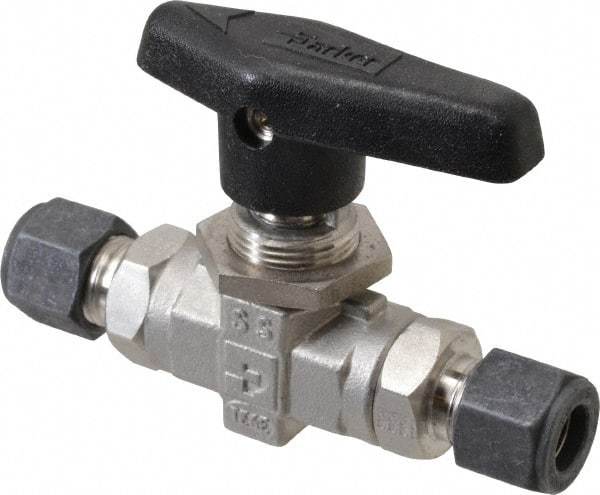 Parker - 3/8" Pipe, Compression x Compression CPI End Connections, Stainless Steel, Inline, Two Way Flow, Instrumentation Ball Valve - 6,000 psi WOG Rating, Wedge Handle, PTFE Seal, PTFE Seat - Best Tool & Supply