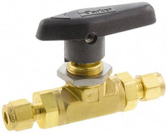 Parker - 1/8" Pipe, Compression x Compression CPI End Connections, Brass, Inline, Two Way Flow, Instrumentation Ball Valve - 3,000 psi WOG Rating, Wedge Handle, PTFE Seal, PTFE Seat - Best Tool & Supply