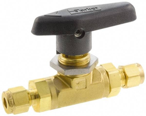 Parker - 1/4" Pipe, Brass, Inline, Two Way Flow, Instrumentation Ball Valve - 3,000 psi WOG Rating, Wedge Handle, PTFE Seal, PTFE Seat - Best Tool & Supply