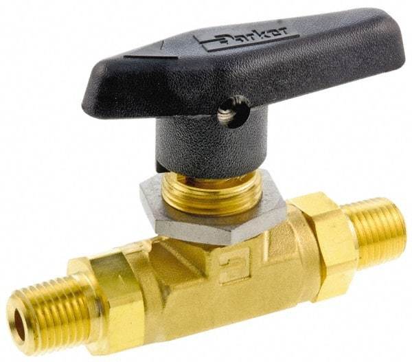 Parker - 3/8" Pipe, MNPT x MNPT End Connections, Brass, Inline, Two Way Flow, Instrumentation Ball Valve - 3,000 psi WOG Rating, Wedge Handle, PTFE Seal, PTFE Seat - Best Tool & Supply