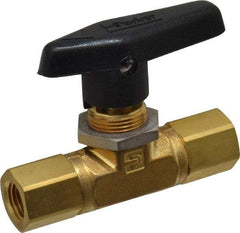 Parker - 1/4" Pipe, FNPT x FNPT End Connections, Brass, Inline, Two Way Flow, Instrumentation Ball Valve - 3,000 psi WOG Rating, Wedge Handle, PTFE Seal, PTFE Seat - Best Tool & Supply