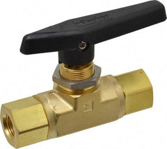 Parker - 3/8" Pipe, FNPT x FNPT End Connections, Brass, Inline, Two Way Flow, Instrumentation Ball Valve - 3,000 psi WOG Rating, Wedge Handle, PTFE Seal, PTFE Seat - Best Tool & Supply