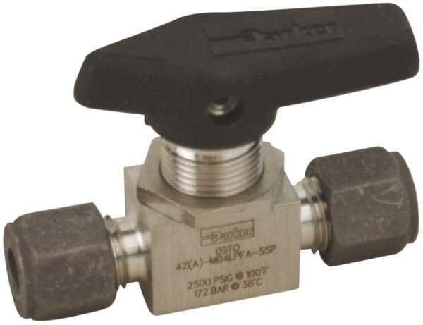 Parker - 1/8" Pipe, Compression x Compression CPI End Connections, Stainless Steel, Inline, Two Way Flow, Instrumentation Ball Valve - 2,500 psi WOG Rating, Wedge Handle, PFA Seat - Best Tool & Supply