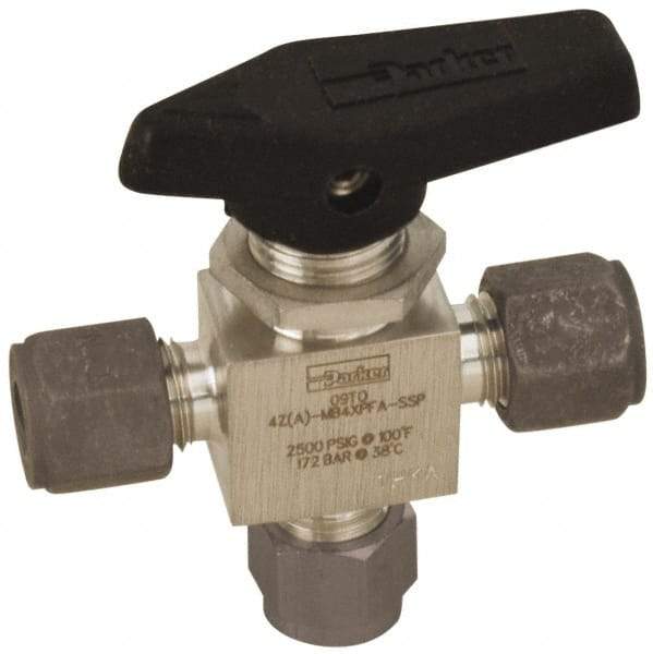 Parker - 1/4" Pipe, Compression x Compression x Compression CPI End Connections, Stainless Steel, Three Way, Instrumentation Ball Valve - 2,500 psi WOG Rating, Wedge Handle, PFA Seat - Best Tool & Supply