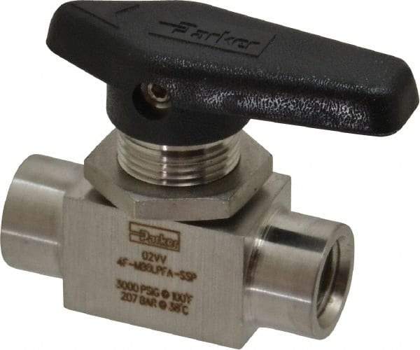 Parker - 1/4" Pipe, FNPT x FNPT End Connections, Stainless Steel, Inline, Two Way Flow, Instrumentation Ball Valve - 3,000 psi WOG Rating, Wedge Handle, PFA Seat - Best Tool & Supply