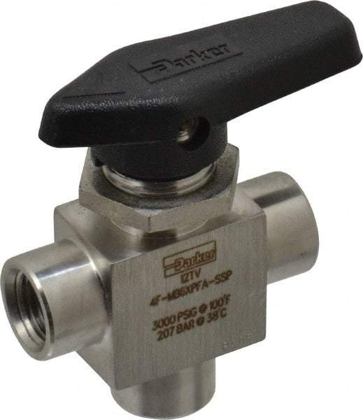 Parker - 1/4" Pipe, FNPT x FNPT x FNPT End Connections, Stainless Steel, Three Way, Instrumentation Ball Valve - 3,000 psi WOG Rating, Wedge Handle, PFA Seat - Best Tool & Supply