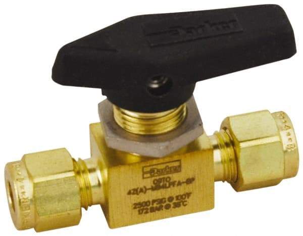 Parker - 1/8" Pipe, Brass, Inline, Two Way Flow, Instrumentation Ball Valve - 2,500 psi WOG Rating, Wedge Handle, PFA Seat - Best Tool & Supply