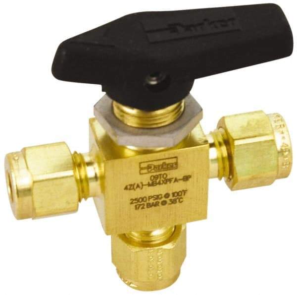 Parker - 3/8" Pipe, Brass, Three Way, Instrumentation Ball Valve - 3,000 psi WOG Rating, Wedge Handle, PFA Seat - Best Tool & Supply