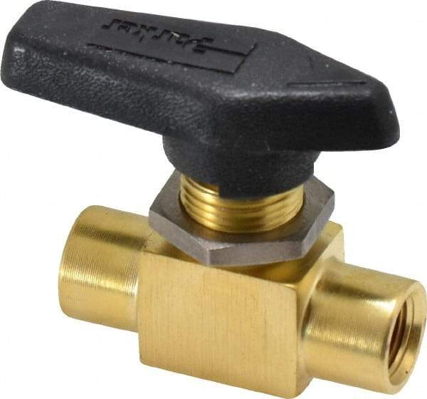 Parker - 1/8" Pipe, FNPT x FNPT End Connections, Brass, Inline, Two Way Flow, Instrumentation Ball Valve - 2,500 psi WOG Rating, Wedge Handle, PFA Seat - Best Tool & Supply