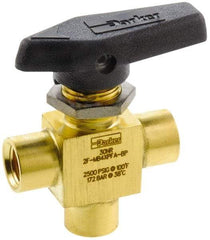 Parker - 1/8" Pipe, FNPT x FNPT x FNPT End Connections, Brass, Three Way, Instrumentation Ball Valve - 2,500 psi WOG Rating, Wedge Handle, PFA Seat - Best Tool & Supply