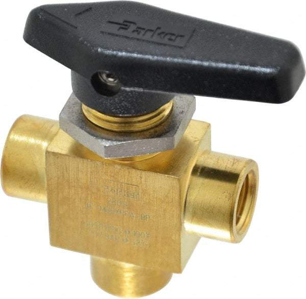 Parker - 1/4" Pipe, FNPT x FNPT x FNPT End Connections, Brass, Three Way, Instrumentation Ball Valve - 3,000 psi WOG Rating, Wedge Handle, PFA Seat - Best Tool & Supply