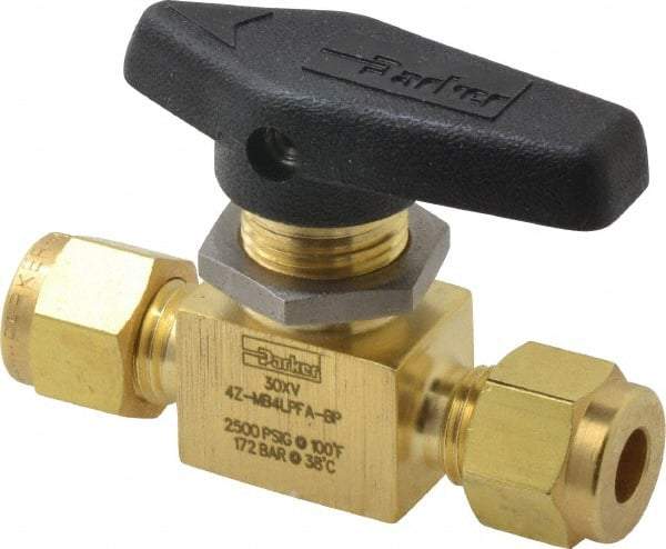 Parker - 1/4" Pipe, Compression x Compression CPI End Connections, Brass, Inline, Two Way Flow, Instrumentation Ball Valve - 2,500 psi WOG Rating, Wedge Handle, PFA Seat - Best Tool & Supply