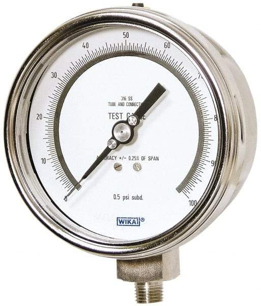 Wika - 4" Dial, 1/4 Thread, 0-100 Scale Range, Pressure Gauge - Lower Connection Mount, Accurate to 0.25% of Scale - Best Tool & Supply