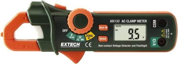 Extech - MA150, CAT II, Digital Average Responding Auto Ranging Clamp Meter with 0.7" Clamp On Jaws - 600 VAC/VDC, 200 AC Amps, Measures Voltage, Continuity, Current, Resistance - Best Tool & Supply