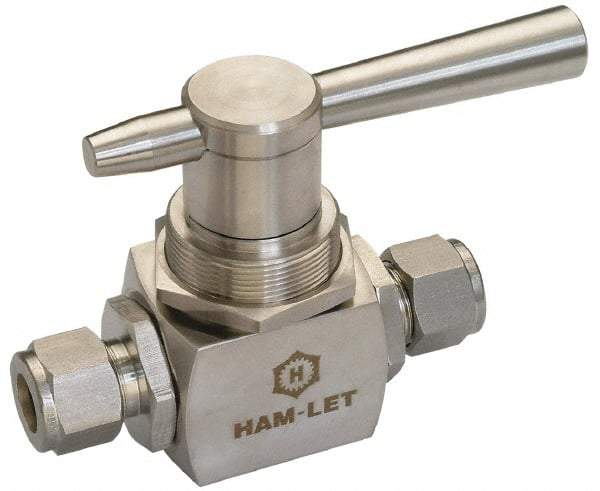 Ham-Let - 1/8" Pipe, Stainless Steel, Inline, Two Way Flow, Instrumentation Ball Valve - 3,000 psi WOG Rating, Tee Handle, PTFE Seal, PTFE Seat, Swaglok SS-41S2 - Best Tool & Supply