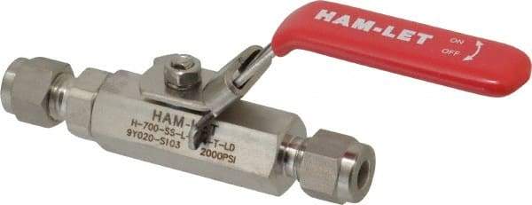 Ham-Let - 1/4" Pipe, Compression x Compression End Connections, Stainless Steel, Inline, Two Way Flow, Instrumentation Ball Valve - 2,000 psi WOG Rating, Locking Lever Handle, Reinforced PTFE Seal, Reinforced PTFE Seat - Best Tool & Supply